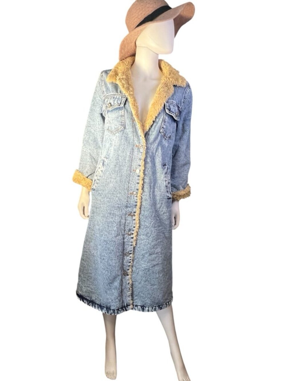 vtg sherpa lined light wash long denim coat jean jacket duster sz S - Picture 9 of 13